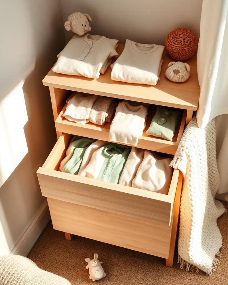 Cômoda de quarto de bebê com gavetas organizadas e roupinhas dobradas em tons neutros